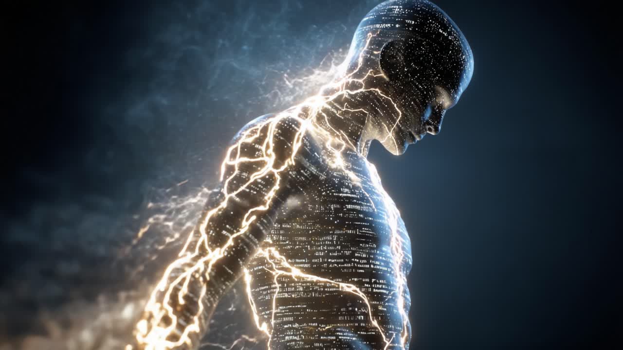 A dynamic representation of the human figure surrounded by a powerful and intricate display of energy, showcasing the remarkable interplay of digital elements and electrical currents in a futuristic setting