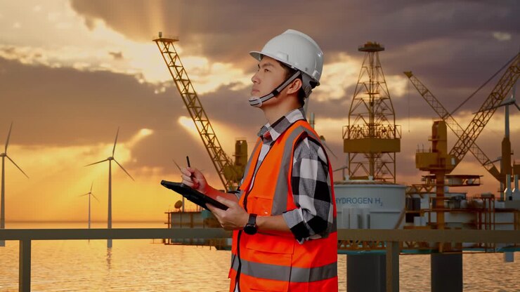 Side View Of Asian Male Engineer With Safety Helmet Taking Note On The Tablet And Looking Around While Standing With Offshore Hydrogen Production