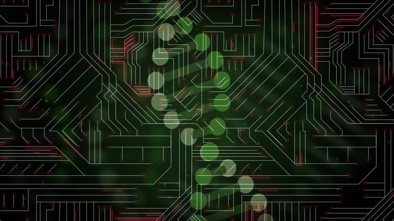 Green dots and lines forming abstract circuit board pattern design in animation