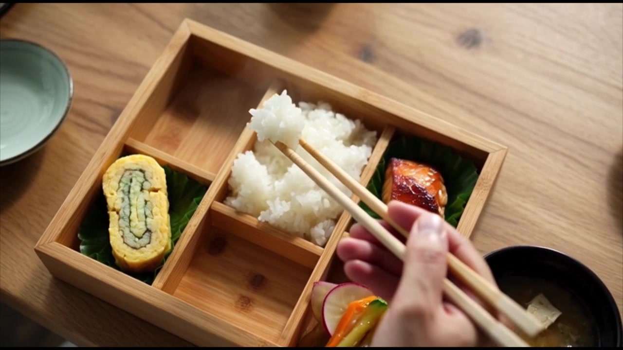 Person isst gedämpften Reis aus einer traditionellen japanischen Bento-Box
