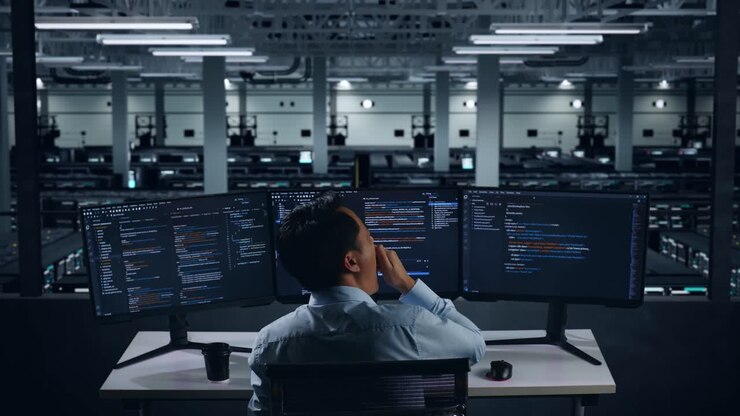 Set bagfra: Træt asiatisk udvikler gaber, mens han koder med flere computerskærme i et datacenter
