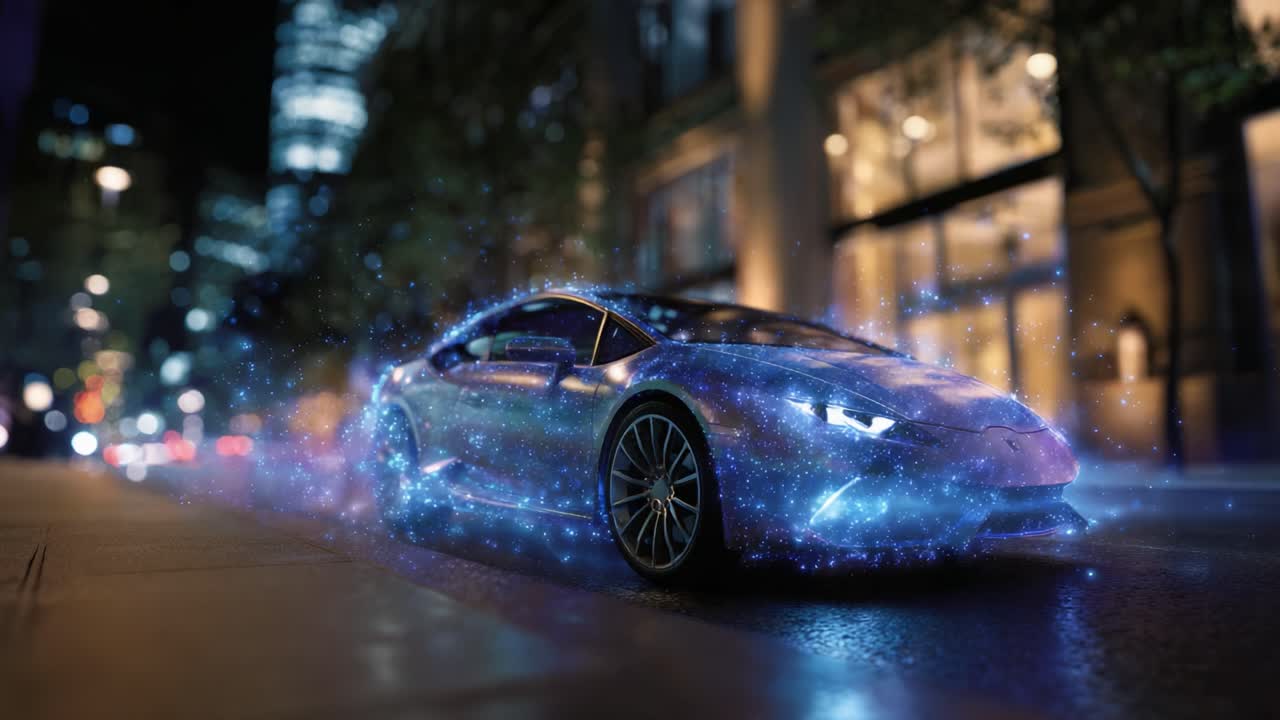 Un'auto futuristica mozzafiato attraversa una strada cittadina illuminata, mostrando un design e un'illuminazione avanzati, fondendo stile e ingegno high-tech sotto un cielo notturno.