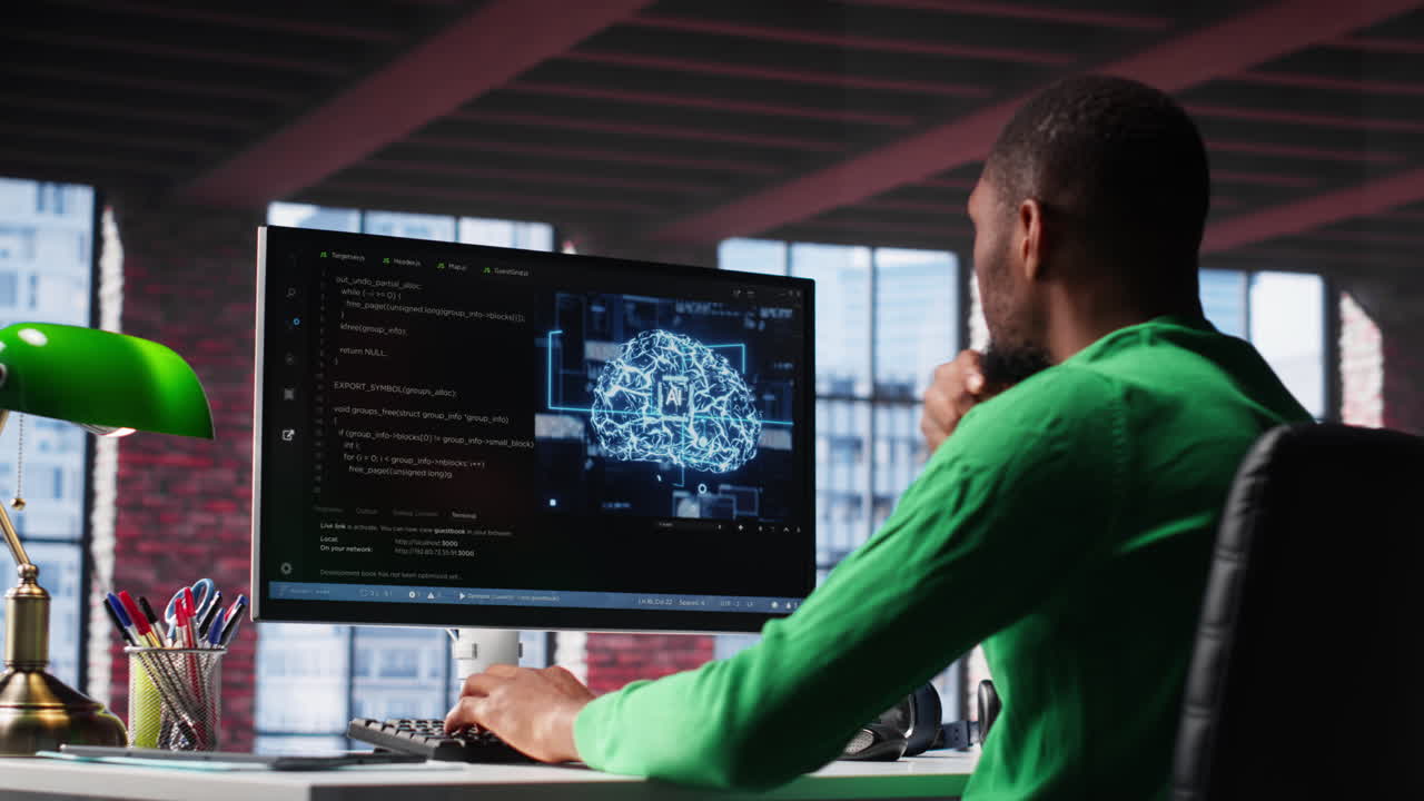 Black tech engineer programming an AI brain neural network for machine learning