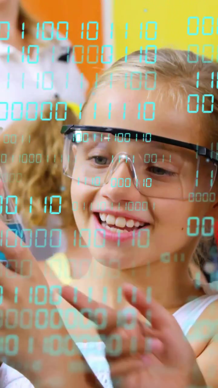Vertical video: STEM lead cueing girl in goggles lifting vial learning green mix in binary overlay
