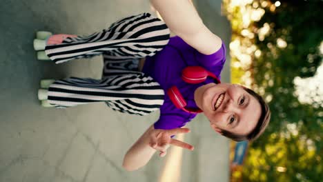 video vertical: chica feliz con un corte de pelo corto en una camiseta púrpura y auriculares rojos en pantalones a rayas monta sentada en patines rosados en un parque de patinaje en verano