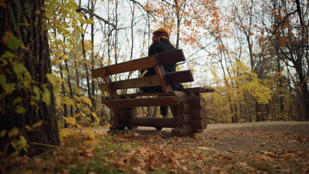 공원 의 나무 벤치 에 앉아 있는 노란색 베레트 를 입은 여인 의 뒷면, 땅 에 어져 있는 가을 잎 과 잎자루 로 둘러싸여 있다