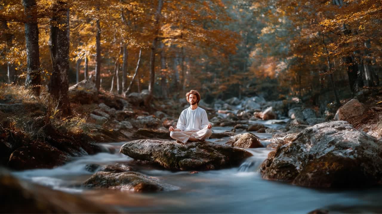A Serene Moment of Meditation Amidst Nature's Autumn Splendor: Exploring Tranquility by the Gentle Flow of a Mountain Stream