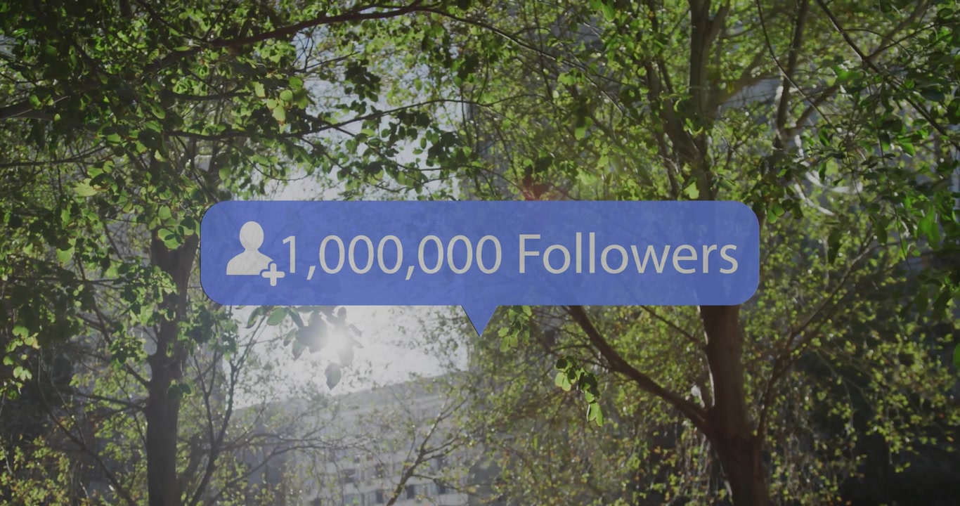 Blue speech-bubble overlay displaying user icon plus sign and follower count under sunlit canopy