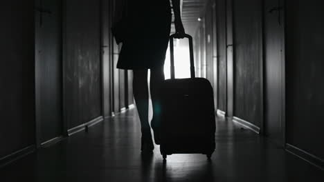 Black-And-White-Rear-View-Of-A-Woman-In-Elegant-Clothes-And-Heels-Carrying-Suitcase-While-Walking-In-A-Hallway