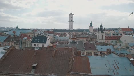 ciudad aérea de lviv, ucrania. ciudad europea. áreas populares de la ciudad. techos