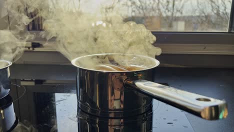 boiling sausage in a pot full of water