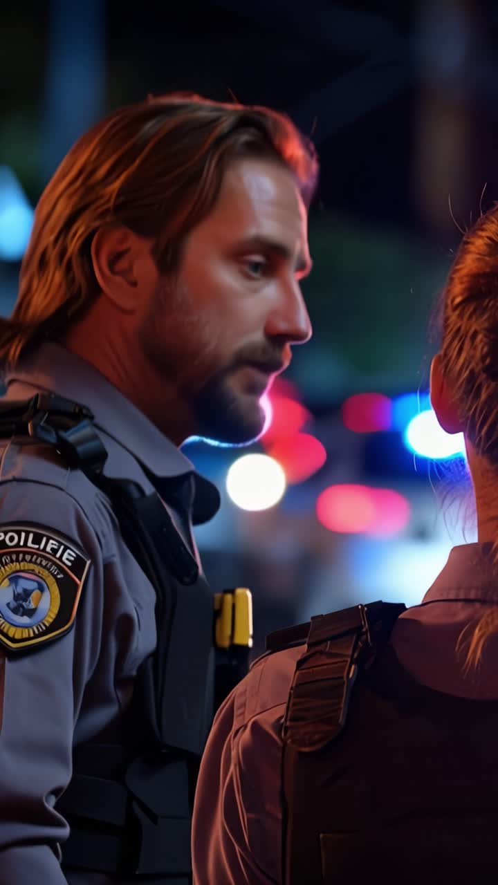 Two police officers stand together at night, illuminated by vibrant city lights, displaying their focus and readiness in a bustling urban environment