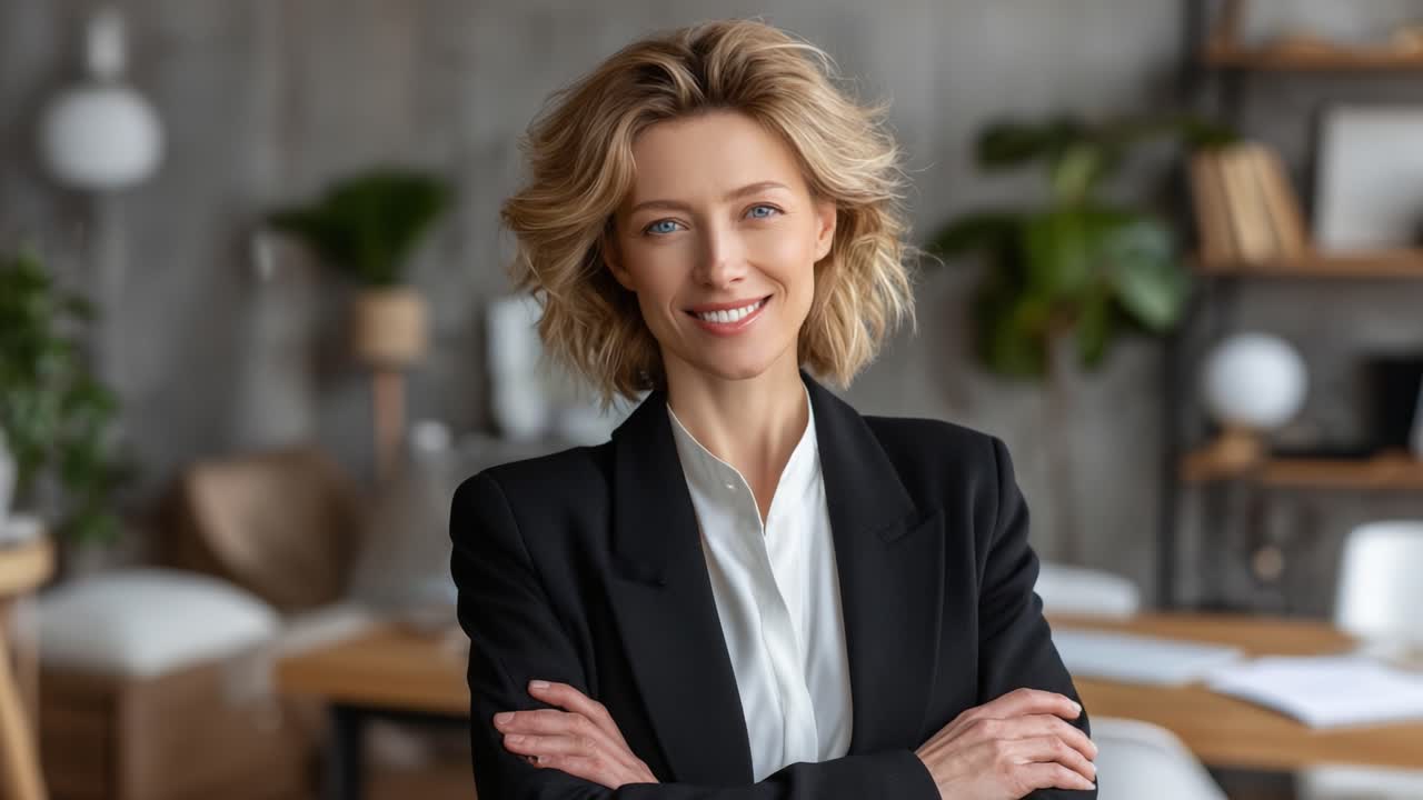 Imprenditrice sicura di sé in un ufficio moderno, che dimostra professionalità e accessibilità con un sorriso caloroso e un atteggiamento rilassato