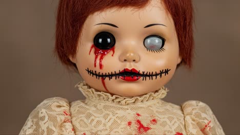 a chilling portrayal of a creepy doll with bloodstains and disturbing features: an ominous representation of childhood innocence gone awry