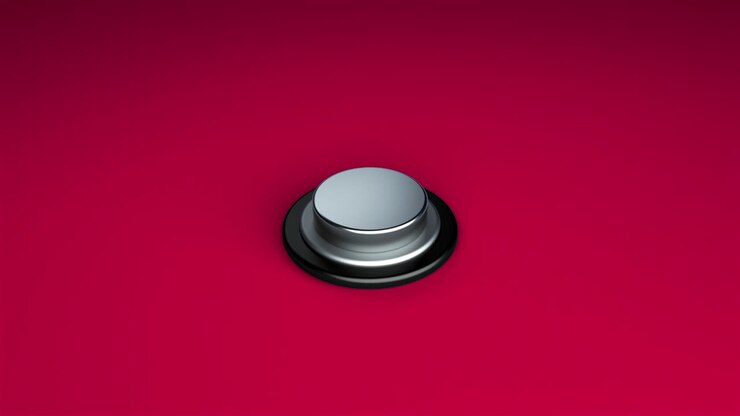 Round push button bordered by a metallic ring - object for design, 3d rendering backdrop