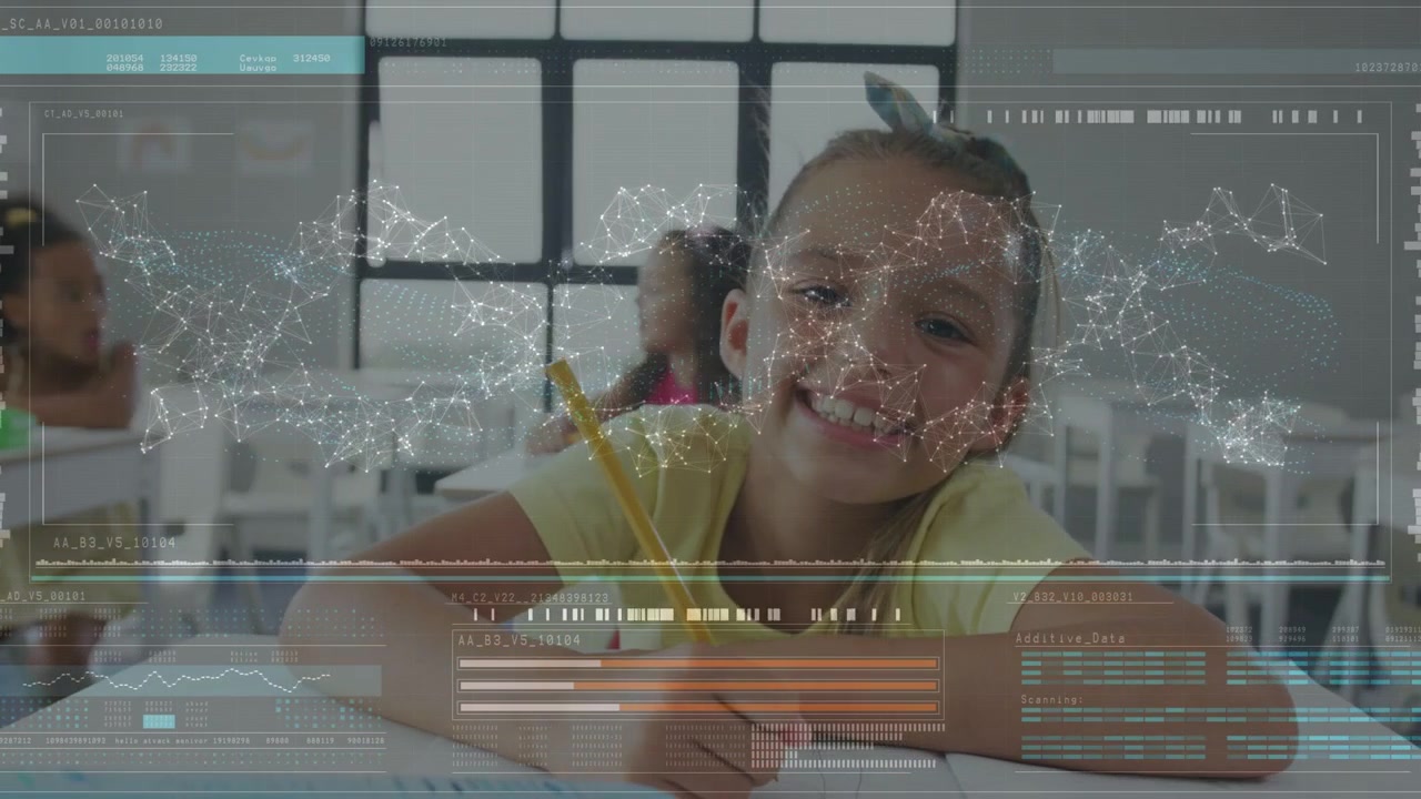Pencil touching notebook starting, girl writing and smiling while completing classwork under HUD
