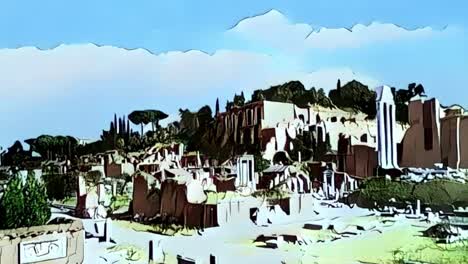 Present-and-past-of-Temple-of-Caesar-and-of-Castor-and-Pollux-of-Rome-in-Italy,-cartoon-animation-reconstruction