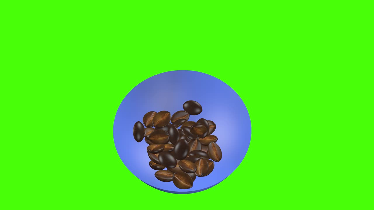 coffee beans falling in the bowl, 3d animation green screen chroma key