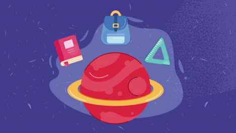 saturn planet with school supplies animation