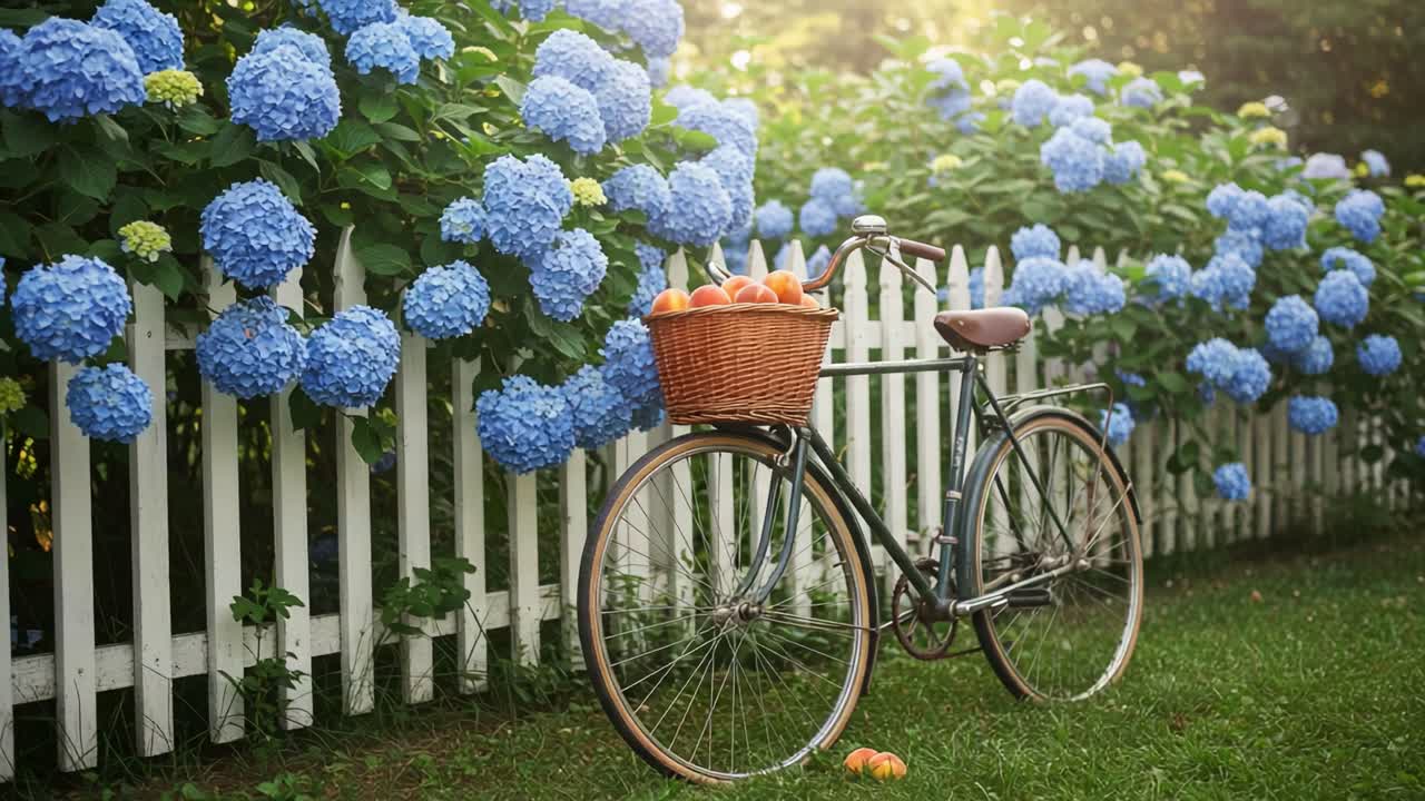 En charmerende vintage cykel pyntet med friske frugter står midt mellem frodige blå hortensiaer og et hvidt stakit, perfekt til en malerisk sommerscene.