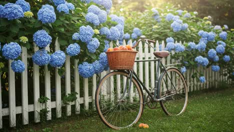 a charming vintage bicycle adorned with fresh fruits stands amidst lush blue hydrangeas and a white picket fence, perfect for a picturesque summer scene