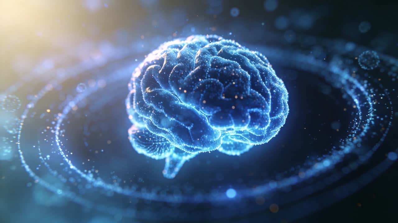 Bagliore che si intensifica in alto a sinistra che fa scintille su un cervello olografico che ruota, inclinando nello spazio scuro con orbite
