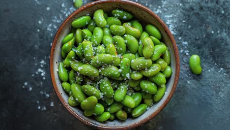 close-up of boiled edamame with salt