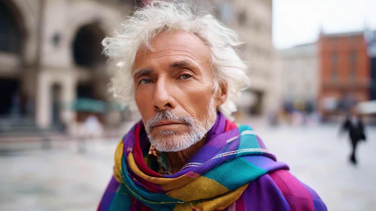 Un uomo anziano riflessivo che indossa una sciarpa colorata guarda intensamente nella camera sullo sfondo di un vivace contesto urbano, catturando un momento di quieta riflessione e saggezza