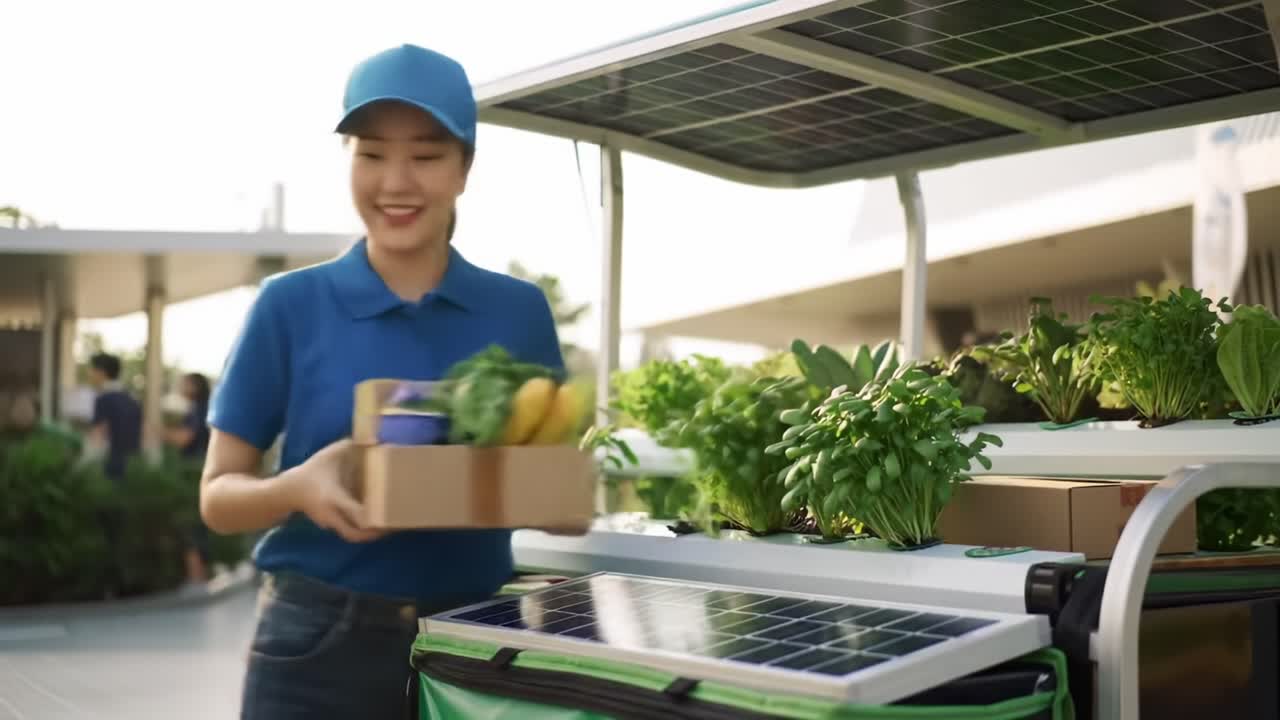 A Sustainable Future: A Young Woman Engages in Urban Gardening While Utilizing Solar Energy for Eco-Friendly Practices and Fresh Produce Distribution