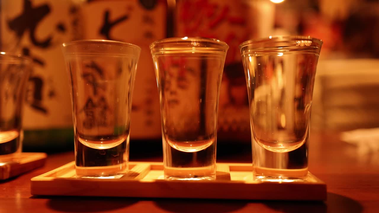 las copas de sake se llenan y luego se vacían de nuevo