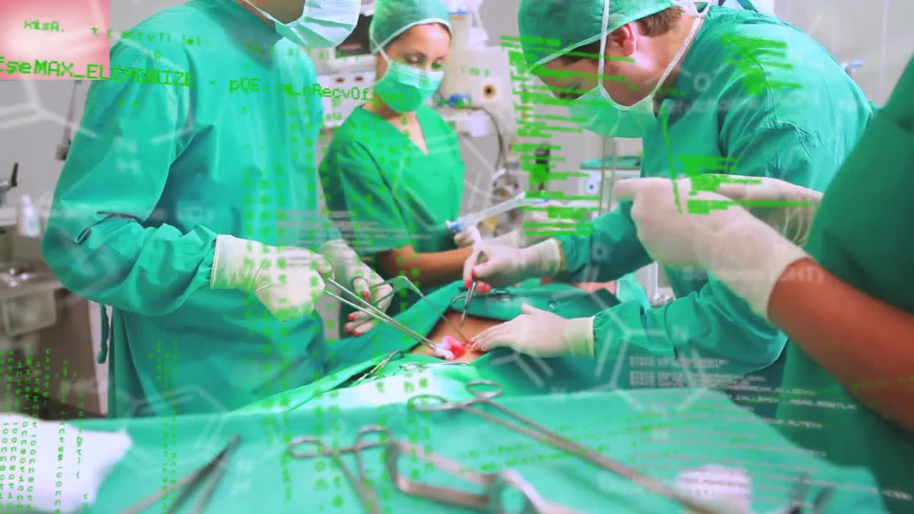 수술실에서 다양한 외과 의사에 대한 바이너리 코딩과 데이터 처리의 애니메이션