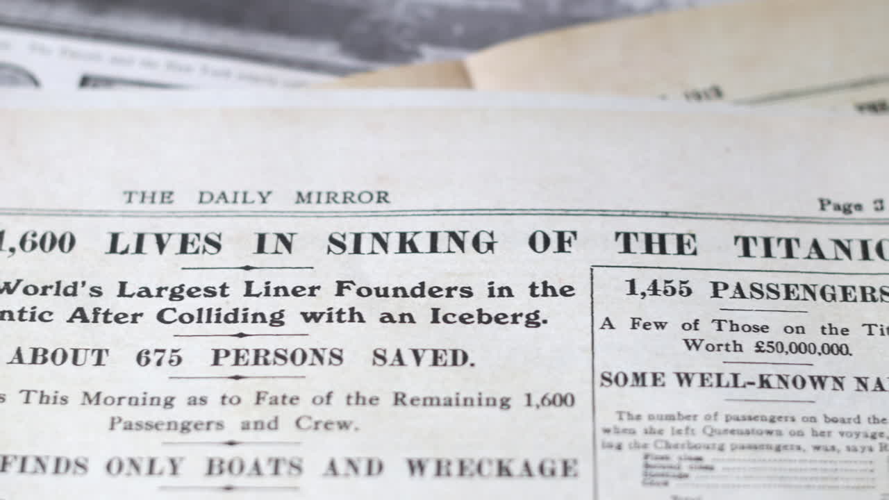 Newspaper headlines form 1912 after the titanic sank after colliding with an iceberg
