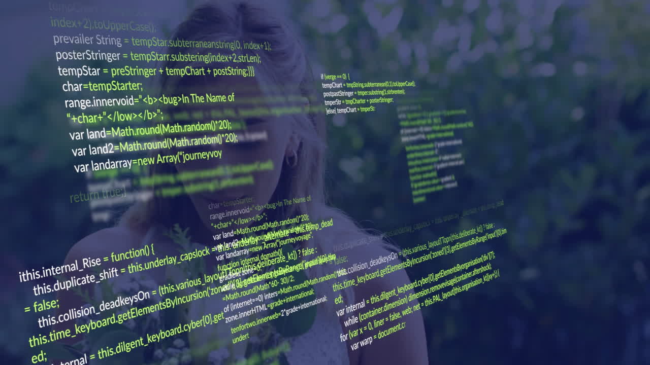 Woman navigating tech code overlay in garden, displaying floating JavaScript scripts and greenery