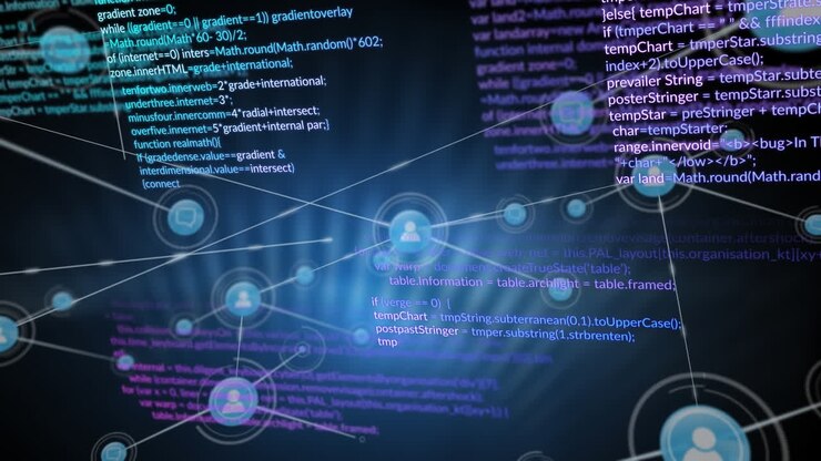 Animation of network of connections with icons and data processing