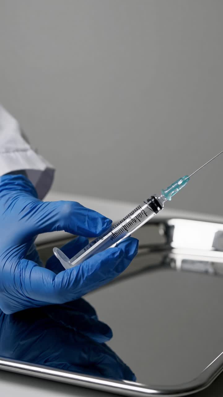 Close-up video of gloved hands holding a syringe, shot from a low angle, emphasizing precision