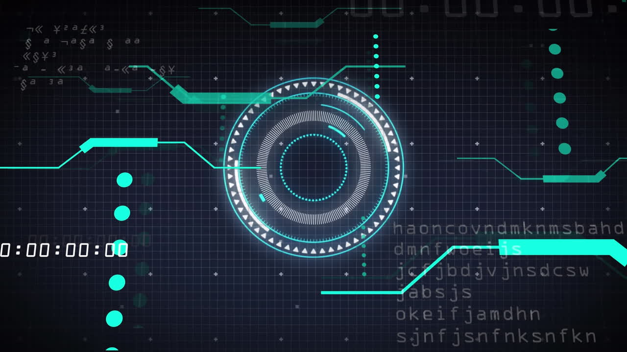 Animation of data processing with scope scanning and shapes moving over black background