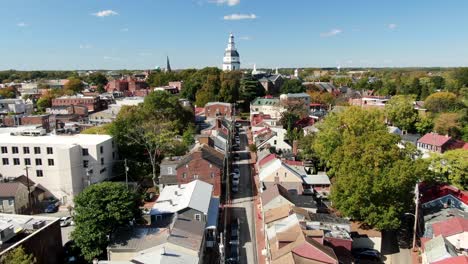 aerial dolly shot drone flying toward capitol in annapolis maryland on bright sunny day