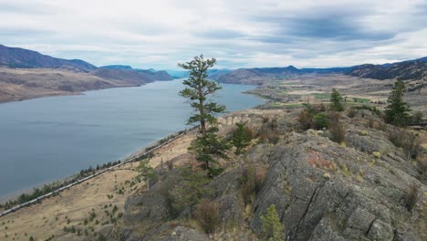 rocky cliffs next to kamloops lake in the dry desert countryside of the okanagan , nicola thompson region with single pine and spruce trees on a overcast day