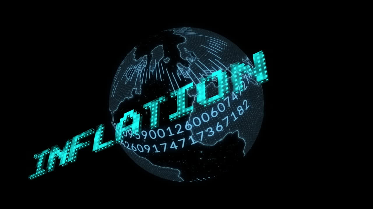 Animation of inflation text in blue over globe and processing data on black background