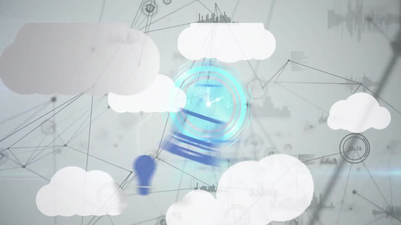 디지털 클라우드와 연결 네트워크를 통해 빠르게 움직이는 시계의 애니메이션