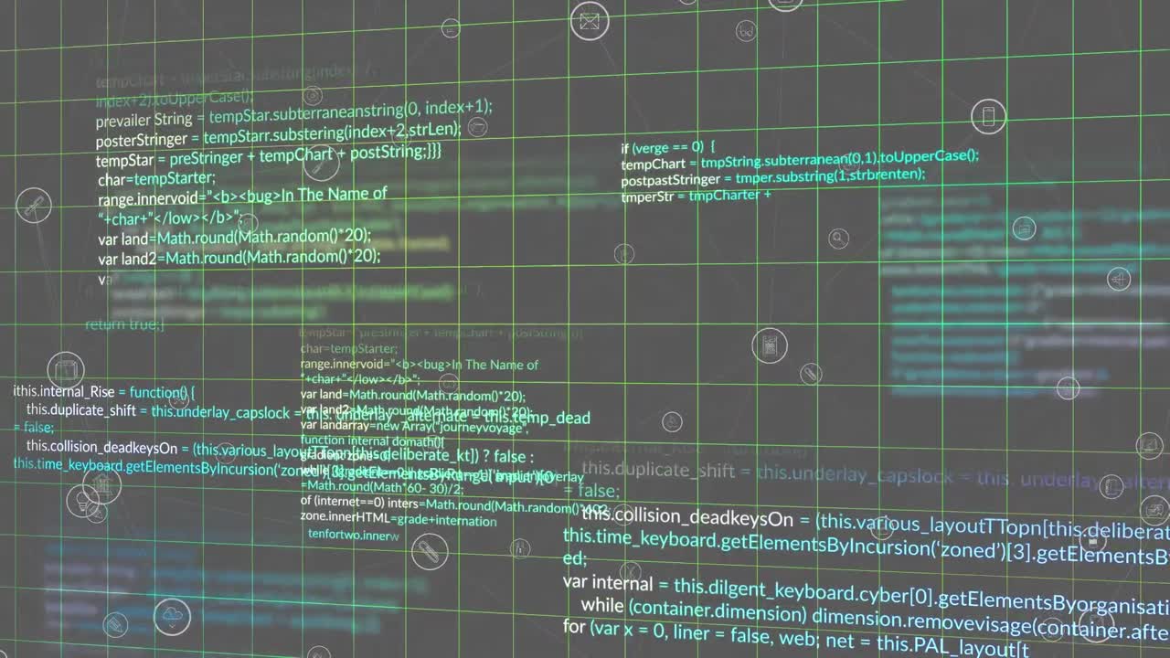 Animation of grid pattern, icons and multicolored computer language over black background