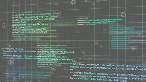 animación de patrones de cuadrícula, iconos y lenguaje informático multicolor sobre fondo negro