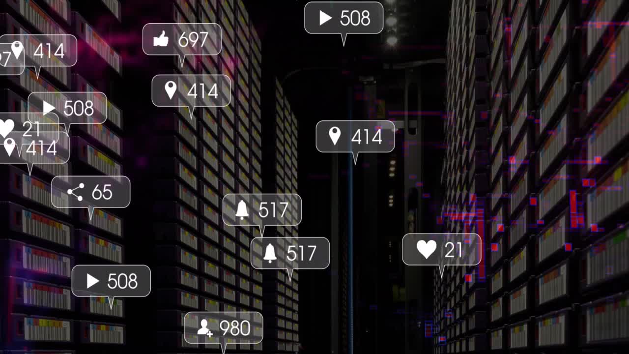 animación de iconos de redes sociales y procesamiento de datos a través de servidores informáticos