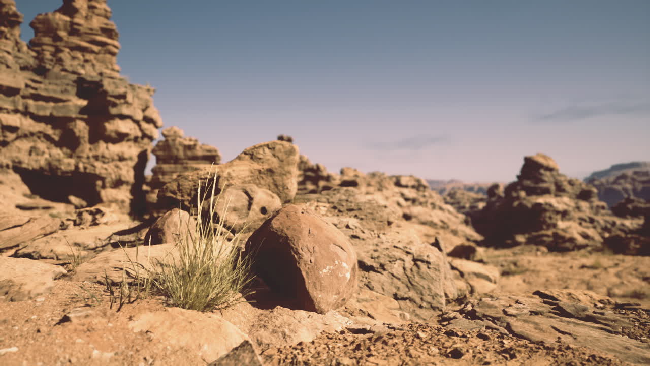 Unique rock formations and desert vegetation in a rugged landscape