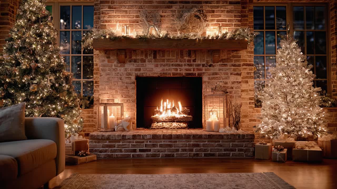 Cozy Holiday Living Room with Warm Fireplace, Sparkling Christmas Trees, and Festive Decorations, Perfect for Winter Gatherings and Seasonal Celebrations