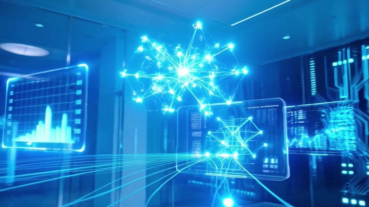 Futuristic Data Center with Holographic Network Visualization