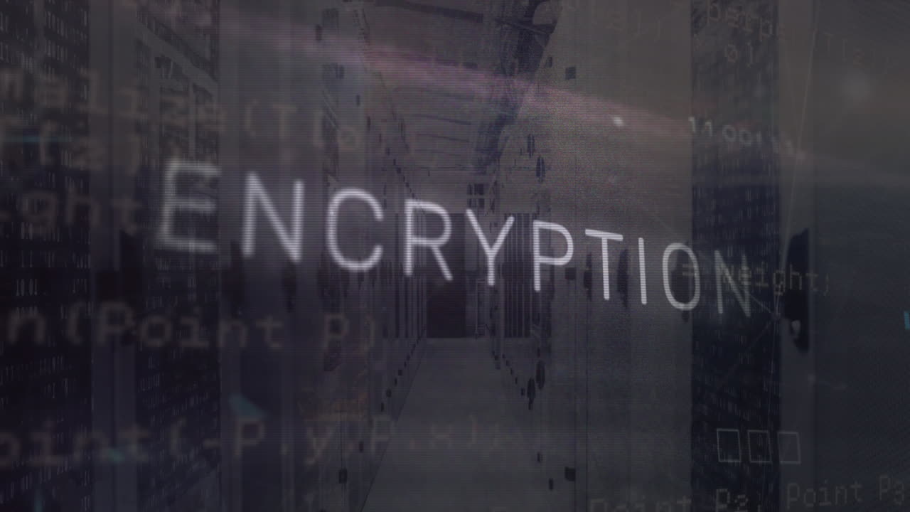 animación de texto de cifrado y lenguaje informático a través de la sala del servidor