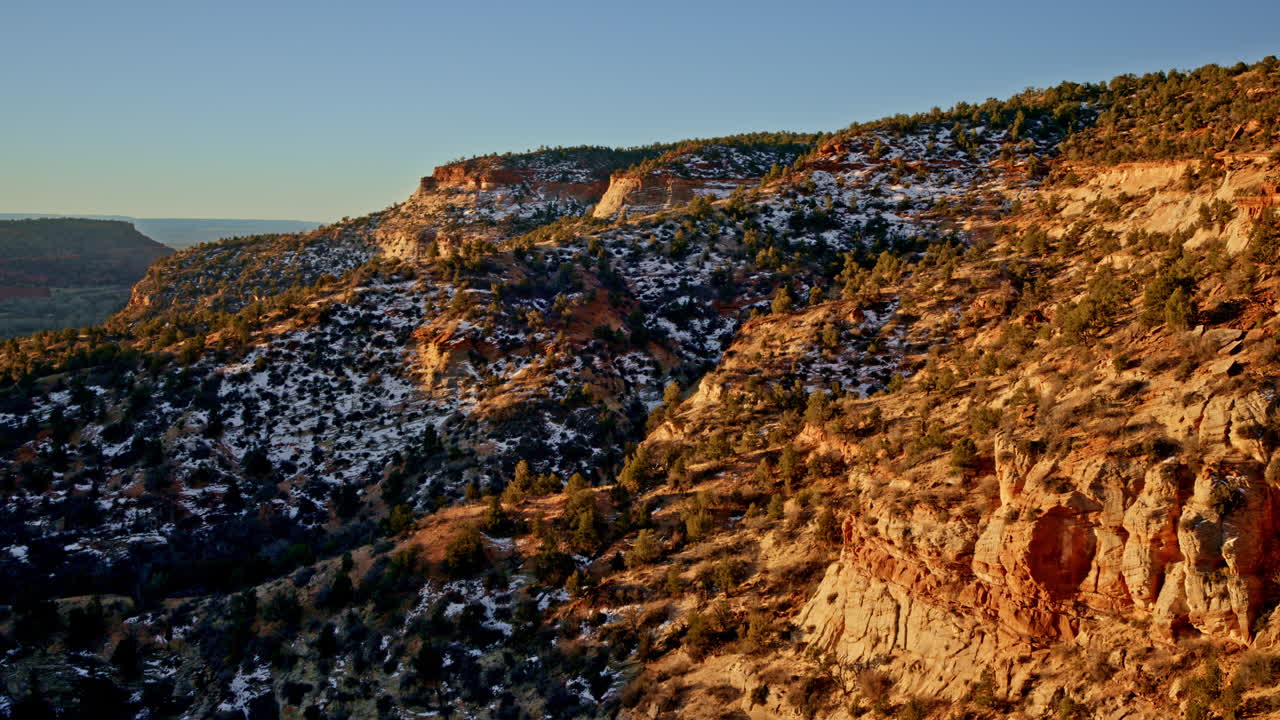 Aerial drone shot at dawn capturing a vibrant high desert canyon dotted with small trees and shrubs.