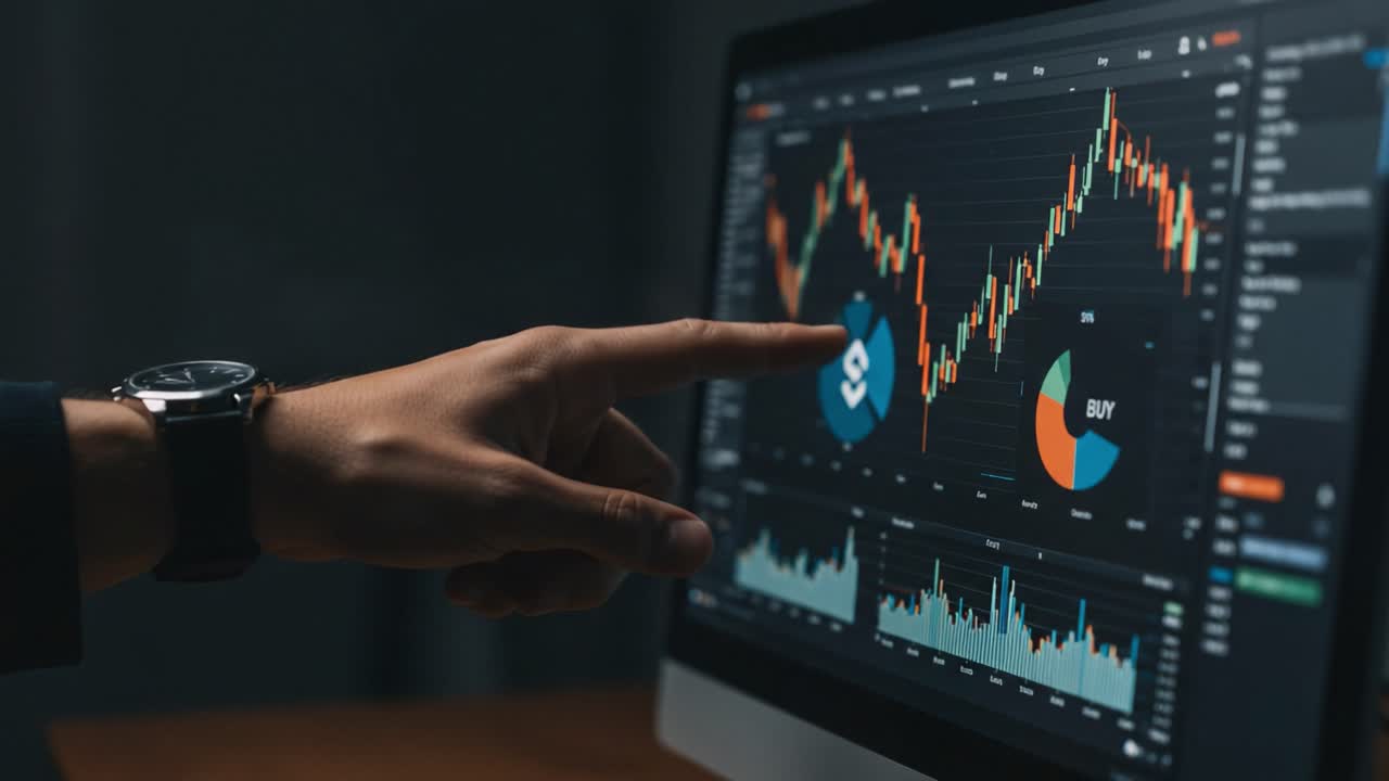 Panoramica analitica delle tendenze finanziarie: focus sui movimenti del mercato azionario visualizzati su una moderna interfaccia di trading