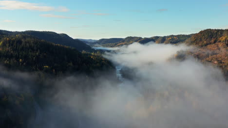 Aerial-drone-view-over-fog-clouds-and-foliage-forest,-sunny,-autumn-day,-in-Norway